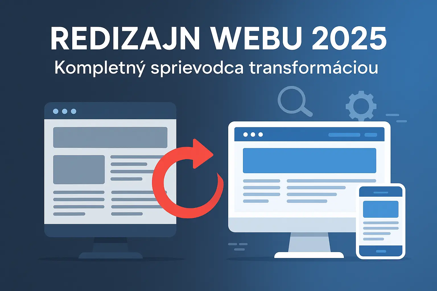 Grafické znázornenie procesu redizajnu webovej stránky - transformácia zastaralého dizajnu na moderný responzívny web optimalizovaný pre desktop aj mobilné zariadenia v roku 2025.